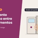Ilustração de dois apartamentos separados por parede, com ondas de som de um lado e morador dormindo do outro, sobre isolamento acústico entre apartamentos