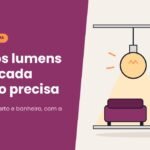 Ilustração de lâmpada acesa iluminando um sofá, com as etiquetas 150 lux vezes m² e LED 9 W 806 lm, explicando quantos lumens por m2 cada cômodo precisa
